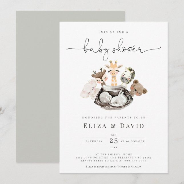 Vattenfärgsdjur Faux Modern Guld Baby Shower Inbjudningar (Fram/baksida)