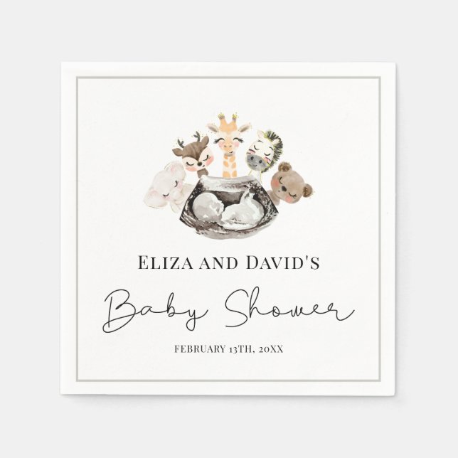 Vattenfärgsdjur Faux Modern Guld Baby Shower Pappersservett (Framsidan)