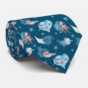 Vattenfärgsdjur Havsblått design Slips