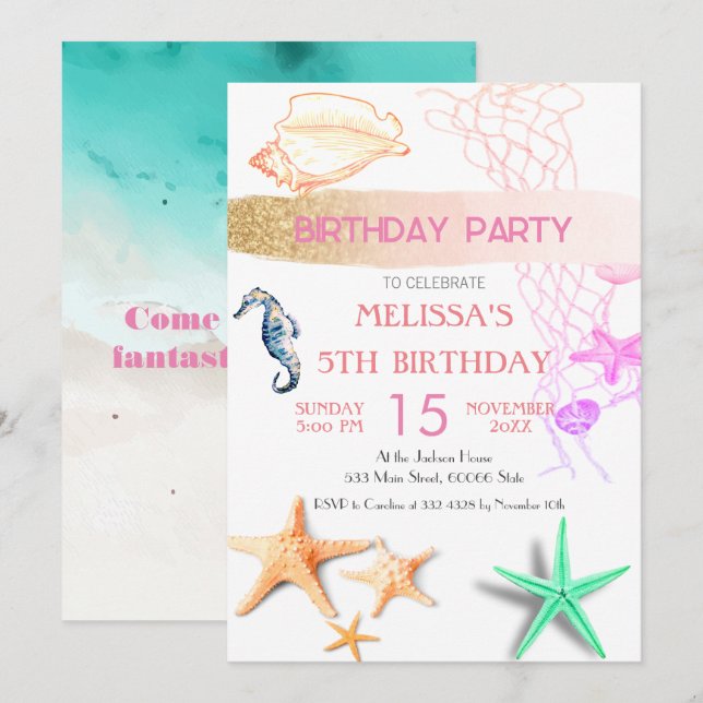 Vattenfärgsdjur i Födelsedagsfest inbjudan (Fram/baksida)