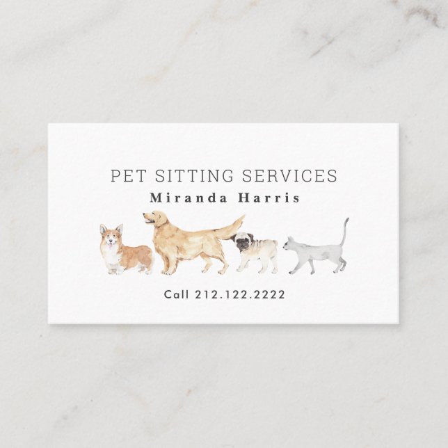 Vattenfärgsdjur Pet Sitter Dog Walker Visitkort (Framsida)