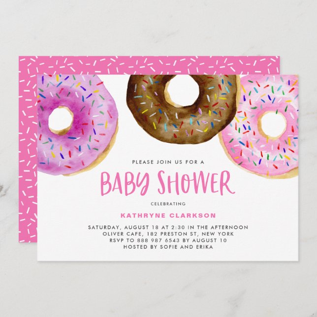 Vattenfärgsdonuts med Sprinkles Girl Baby Shower Inbjudningar (Fram/baksida)