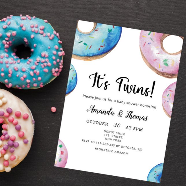 Vattenfärgsdonuts Twin Boy Baby Shower Inbjudningar (Skapare uppladdad)