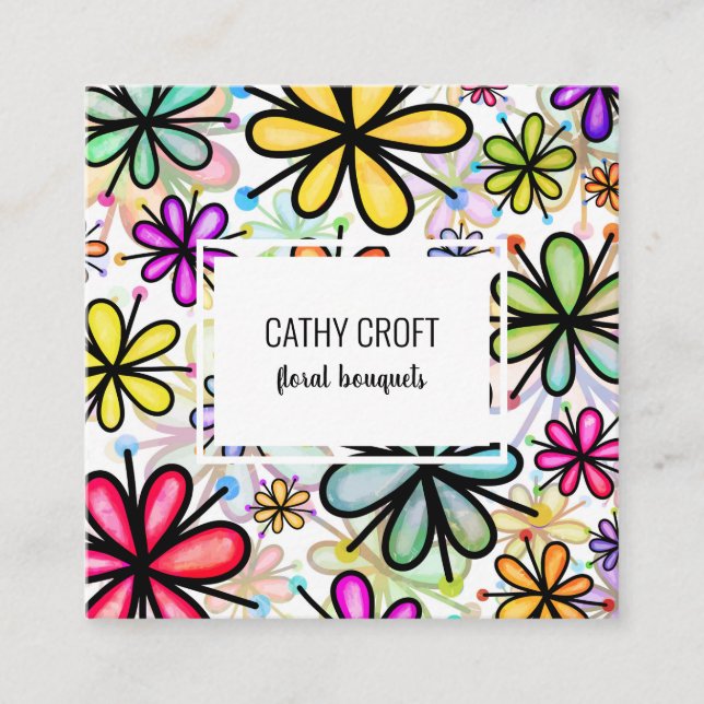 Vattenfärgsdoodle Daisy Blommor Mönster mall Sq Fyrkantigt Visitkort (Framsida)