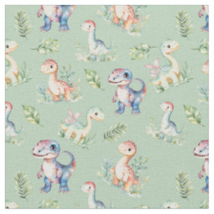 Vattenfärgsdosinosaurier på Sage Grönt Fabric Tyg