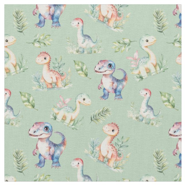 Vattenfärgsdosinosaurier på Sage Grönt Fabric Tyg (Närbild)