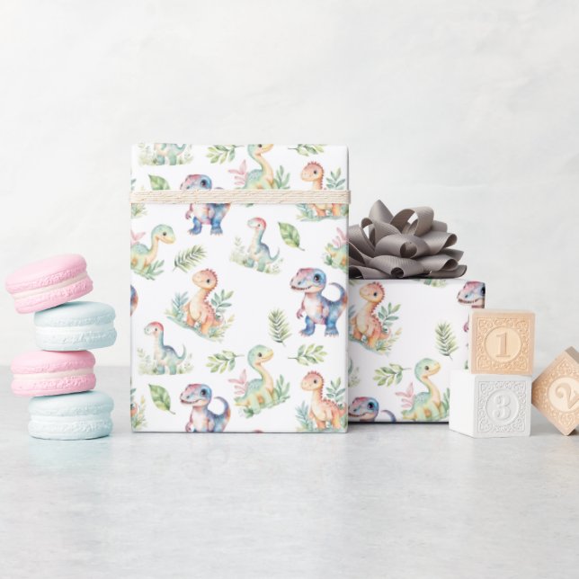 Vattenfärgsdosinosaurier på vitt presentpapper (Baby Shower)