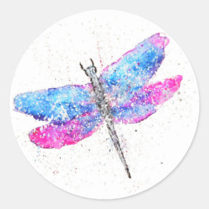 Vattenfärgsdragonfly rosa blå runt klistermärke
