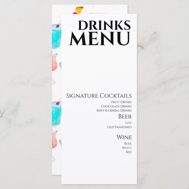 VattenfärgsDrinks Cocktail Vin Bröllop Menu Meny (Fram/baksida)