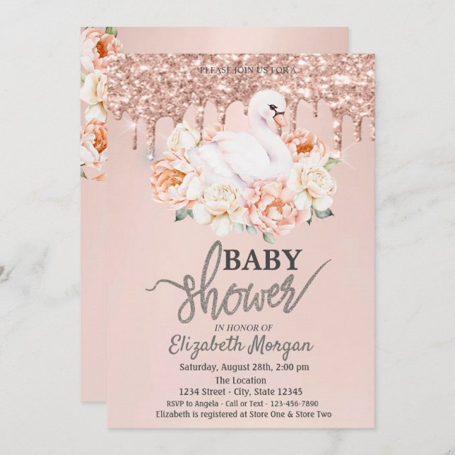 Vattenfärgsdrivrutiner Baby Svan Ro Guld Glitter Inbjudningar (Fram/baksida)