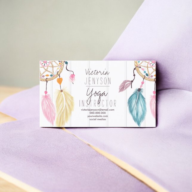 Vattenfärgsdrömamcatcherfjädrar (yoga) visitkort (Watercolor dreamcatcher feathers wood yoga business card)