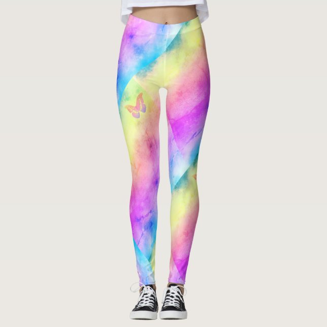 [Vattenfärgsdrömmar] Mjuk Pastel Färg Butterfly Leggings (Framsida)