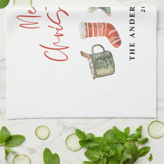 Vattenfärgsdrycker i julkaka candy cane kökshandduk (Vikta)