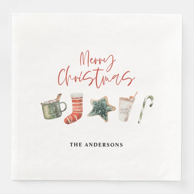 Vattenfärgsdrycker i julkaka candy cane pappersservett (Framsida)