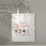 Vattenfärgsdrycker i julkaka candy cane tygkasse<br><div class="desc">En mugg-design i roligt med vinter-favoriter med vattenfärg - hett choklad,  candy cane,  lagring. God jul i contemporaryns skriptteckensnitt,  perfekt för att fira julhelgen. kan redigeras,  som en del av en samling.</div>
