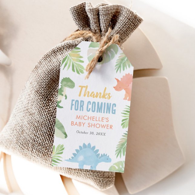 Vattenfärgsdsinosaur Baby Shower Presentetikett (Skapare uppladdad)