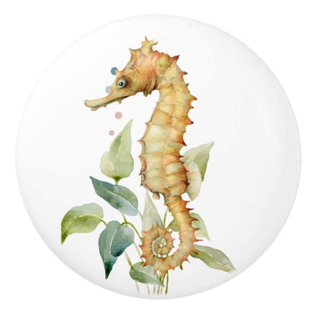 VATTENFÄRGSEAHORSE ART, BEACH, KUSTSELIV KNOPP (Framsidan)