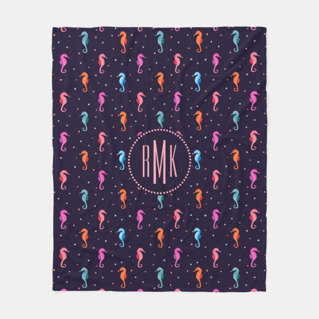 VattenfärgSeahorses på marinblått mönster Fleecefilt (Framsidan)