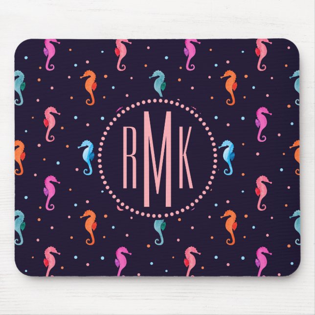 VattenfärgSeahorses på marinblått mönster Musmatta (Framsidan)