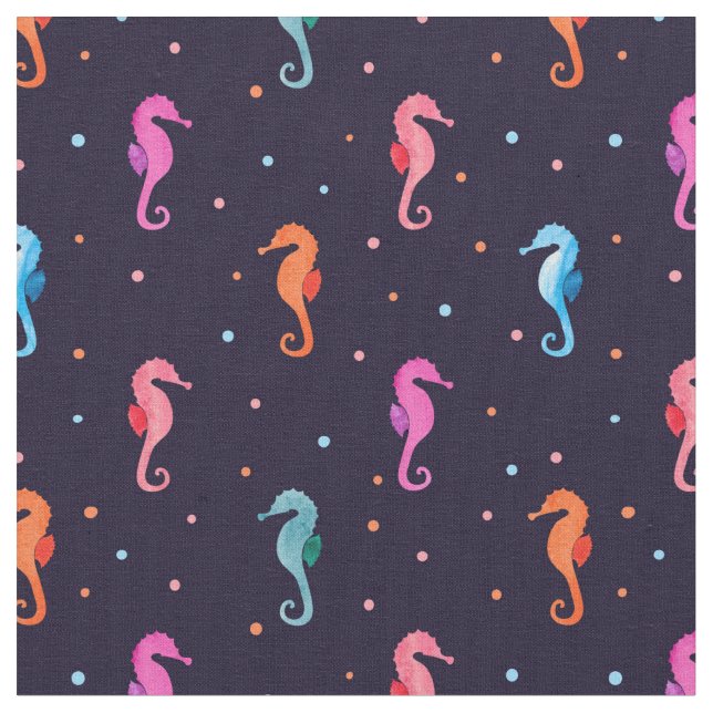 VattenfärgSeahorses på marinblått mönster Tyg (Närbild)
