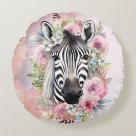 Vattenfärgsebra och Blommigt andedräkt Rund Kudde