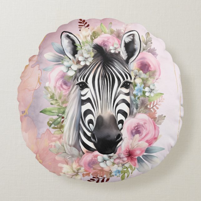 Vattenfärgsebra och Blommigt andedräkt Rund Kudde (Framsidan)