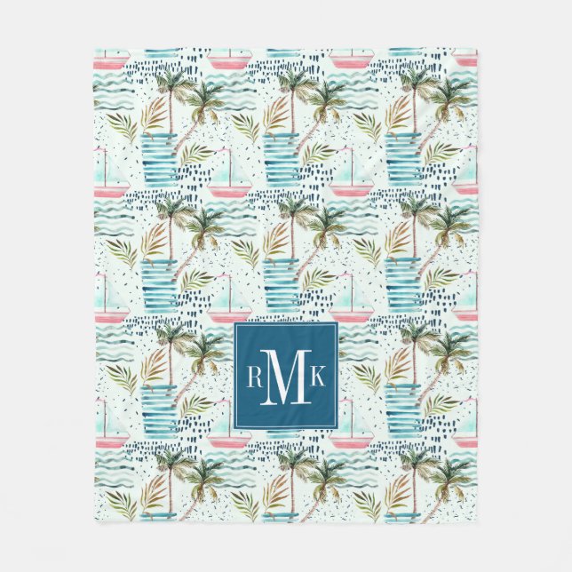 Vattenfärgsegelbåt med palmträdmönster fleecefilt (Framsidan)