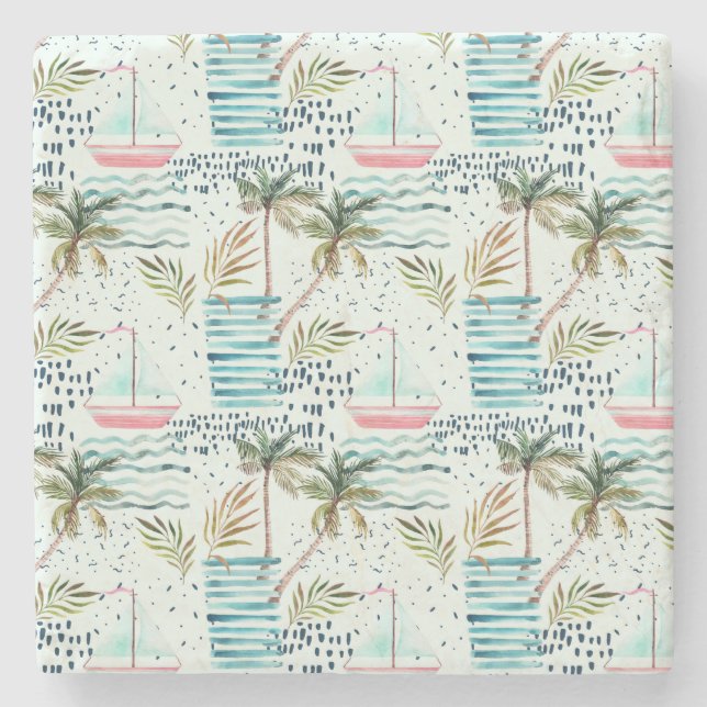 Vattenfärgsegelbåt med palmträdmönster stenunderlägg (Framsidan)