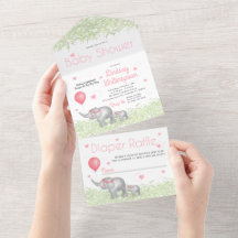 Vattenfärgselefanter och Rosa Heart Flicka Shower