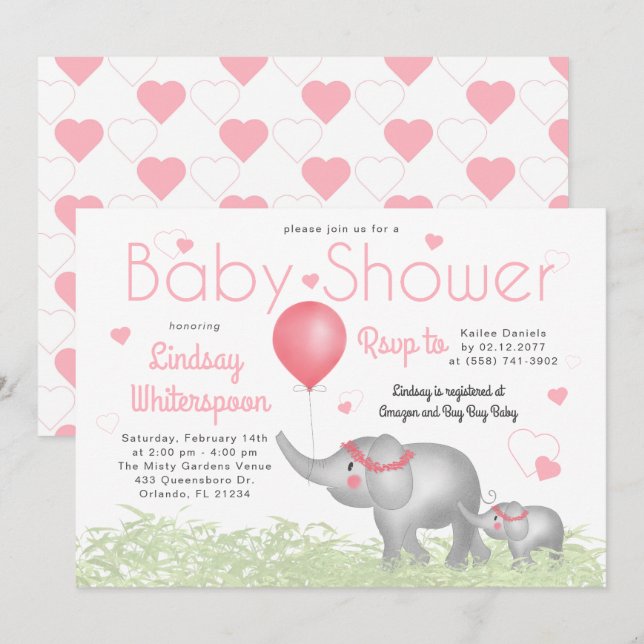 Vattenfärgselefanter och Rosa Heart Flicka Shower Inbjudningar (Fram/baksida)