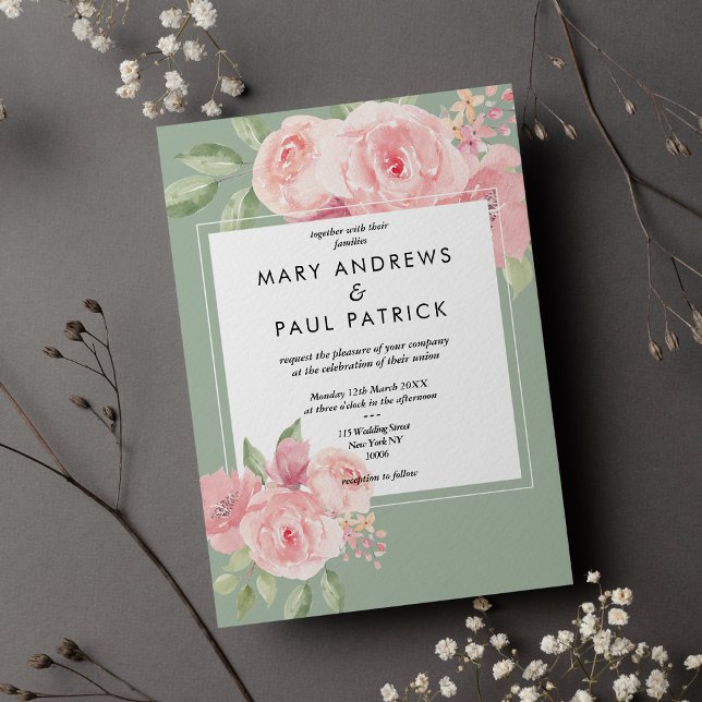 Vattenfärgselegant rosa mint grönt blommigt Bröllo Inbjudningar (Watercolor elegant pink mint green floral Wedding )