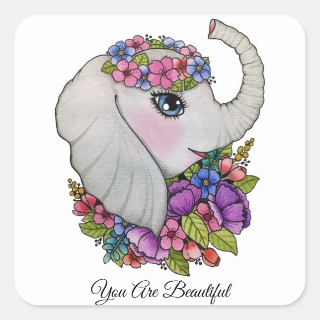 Vattenfärgselevant med Vild Flowers Fyrkantigt Klistermärke (Framsida)