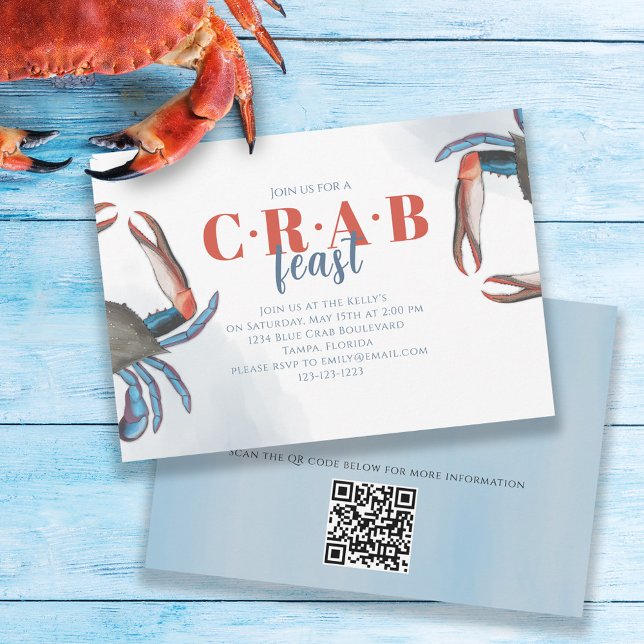 Vattenfärgsenkel Blue Crab Feast Party QR-kod Inbjudningar (Skapare uppladdad)