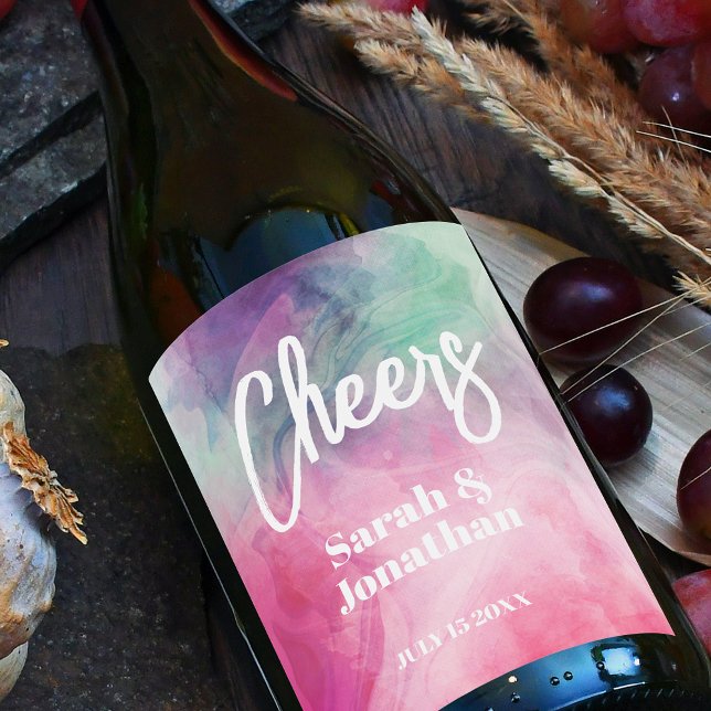 Vattenfärgsestetisk Abstrakt Rosa Lila Bröllop Vinflaska Etikett (Skapare uppladdad)