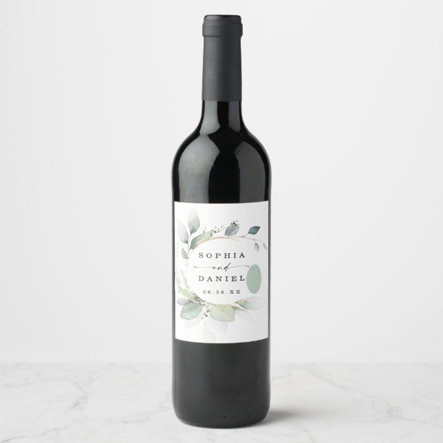 Vattenfärgsetikett Greenery Bröllop Vin favors Vin Vinflaska Etikett (Framsida)