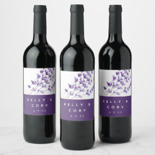 Vattenfärgsetiketter för lavender Bröllop Vin Vinflaska Etikett