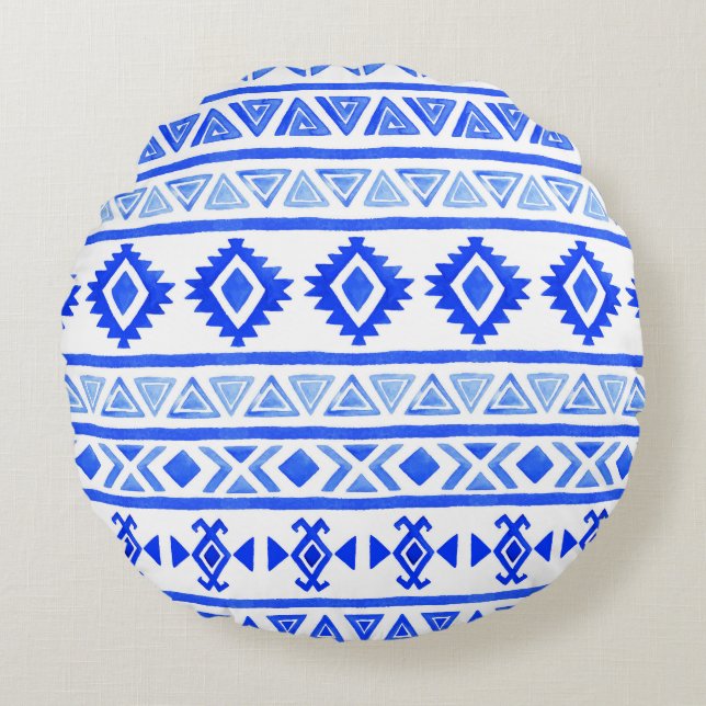 Vattenfärgsetnisk Aztec, geometrisk mönster. Rund Kudde (Framsidan)