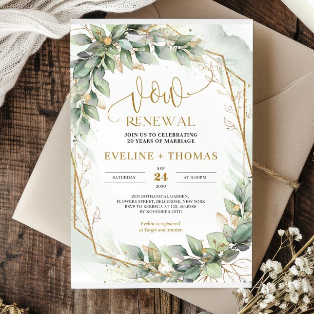 Vattenfärgseukalyptus löv och guld vow-förnyelse inbjudningar (Watercolor eucalyptus leaves and gold vow renewal invitation template)