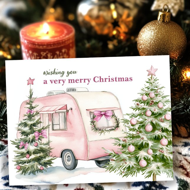 Vattenfärgsfack - RV-Rosa Julgranar Helg Vykort (Watercolor Camper Trailer RV Pink Christmas Trees Holiday Postcard
)