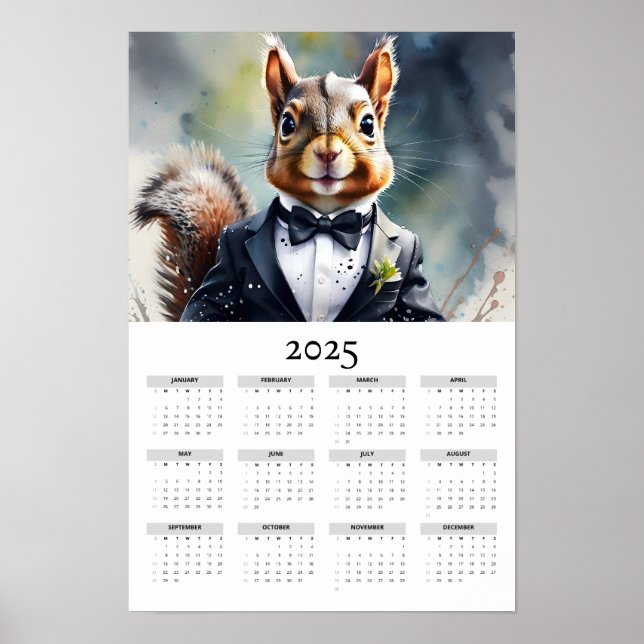 Vattenfärgsfack Tux Bow Tie 2025 Wall Calendar Poster (Framsidan)