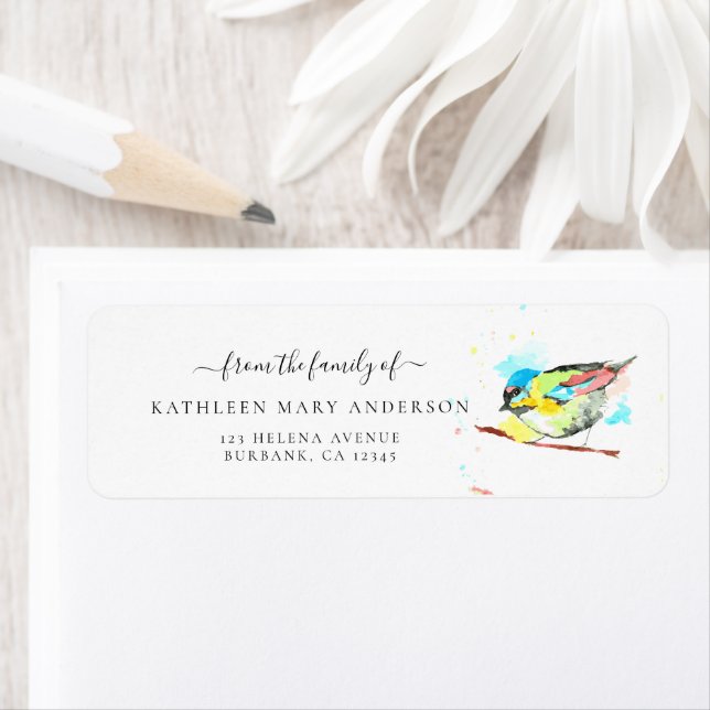 Vattenfärgsfågel i Loving Memory Funeral Returadress Etikett (Insitu)