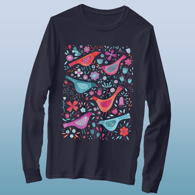 Vattenfärgsfåglar i en Garden Boho T Shirt (Watercolor birds and wild flowers long sleeved t-shirt)