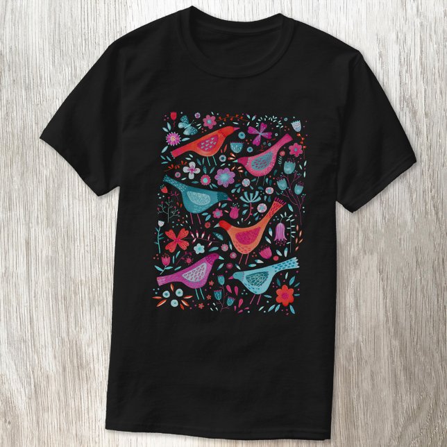 Vattenfärgsfåglar i en Garden Boho T-Shirt (Watercolor birds and flowers T-shirt)