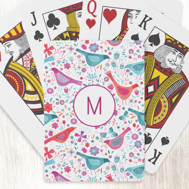 Vattenfärgsfåglar i en Garden of Flowers Monogram Casinokort (Watercolor bird and wildflower personalized monogram initial art playing cards)