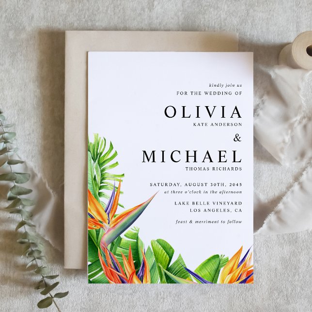 Vattenfärgsfåglar i Paradise QR-koden Bröllop Inbjudningar (Watercolor Birds of Paradise QR Code Tropical Wedding Invitation)