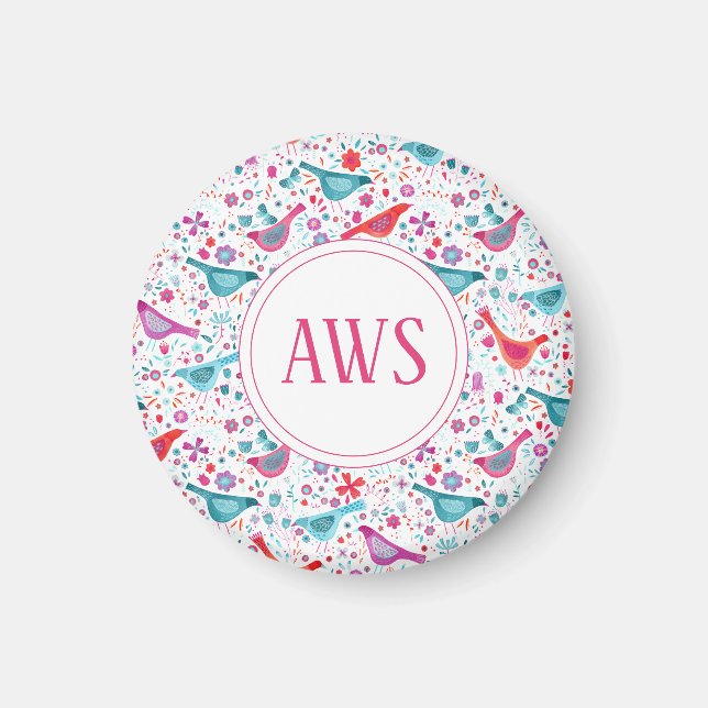 Vattenfärgsfåglar Monogram Magnet (Framsidan)