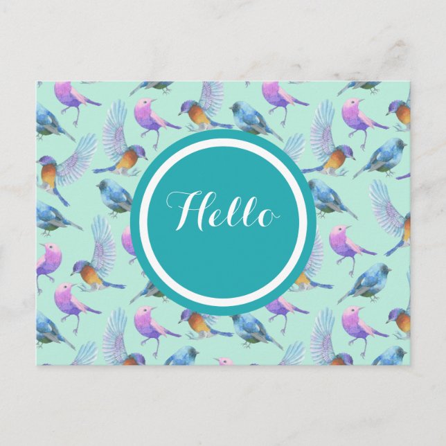 Vattenfärgsfåglar Mönster i Rosa och Blå Vykort (Framsida)