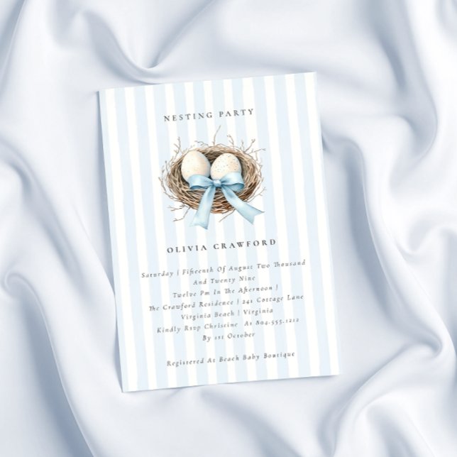 Vattenfärgsfåglar Nest Blue Bow Ntestar Party Inbjudningar (Watercolor Birdsnest Blue Bow Nesting Party Invitation )