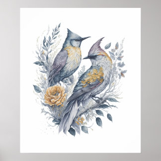Vattenfärgsfåglar på Flower Gren Poster