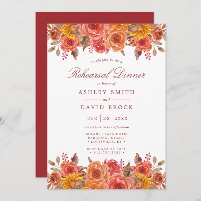 Vattenfärgsfall Blommigt Rustic Rehearsal Middag Inbjudningar (Fram/baksida)